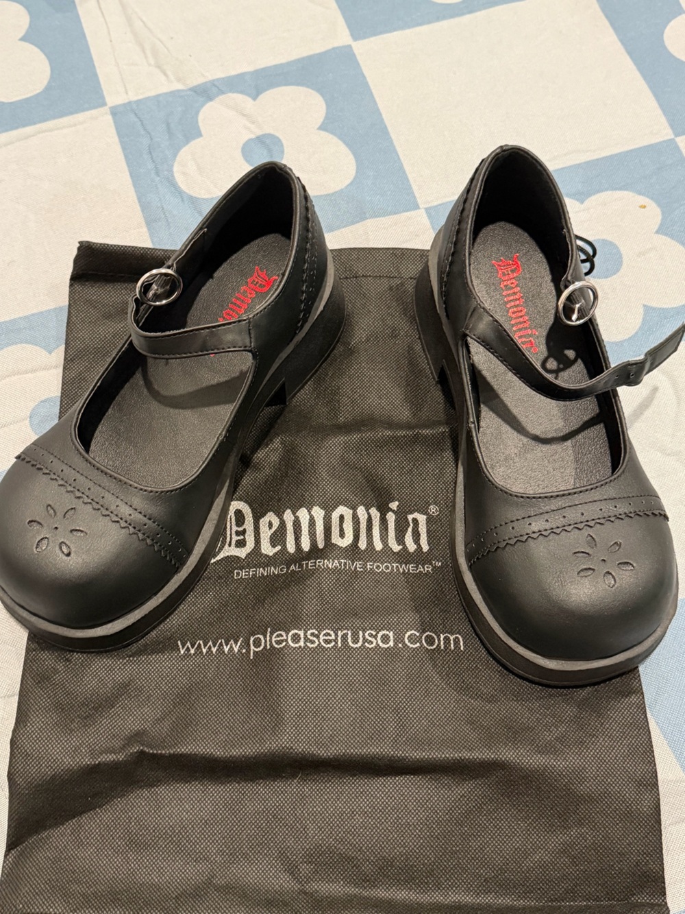 Demonia Black Mary Jane Platform Clogs with Floral Perforation